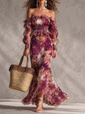 Sofía | Vestido largo de muselina rosa con estampado floral y hombros al descubierto
