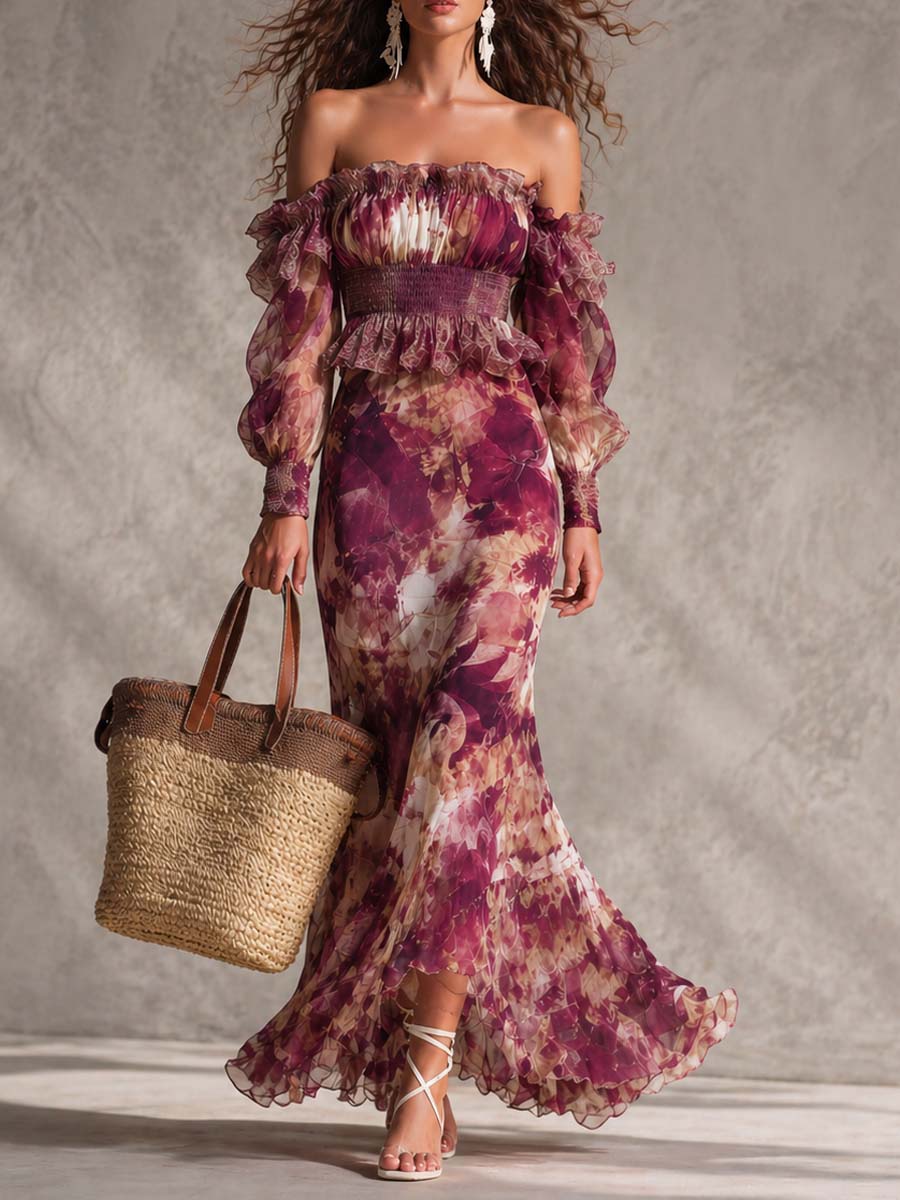 Sofía | Vestido largo de muselina rosa con estampado floral y hombros al descubierto