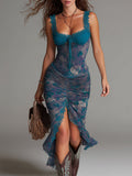 Odette | Vestido midi azul con estampado de pintura al óleo y detalles de encaje