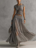 Cristina™ | Conjunto de top gris con detalles de encaje y falda larga plisada