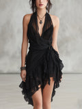 Leonor | Vestido corto negro con espalda al aire, volantes y encaje