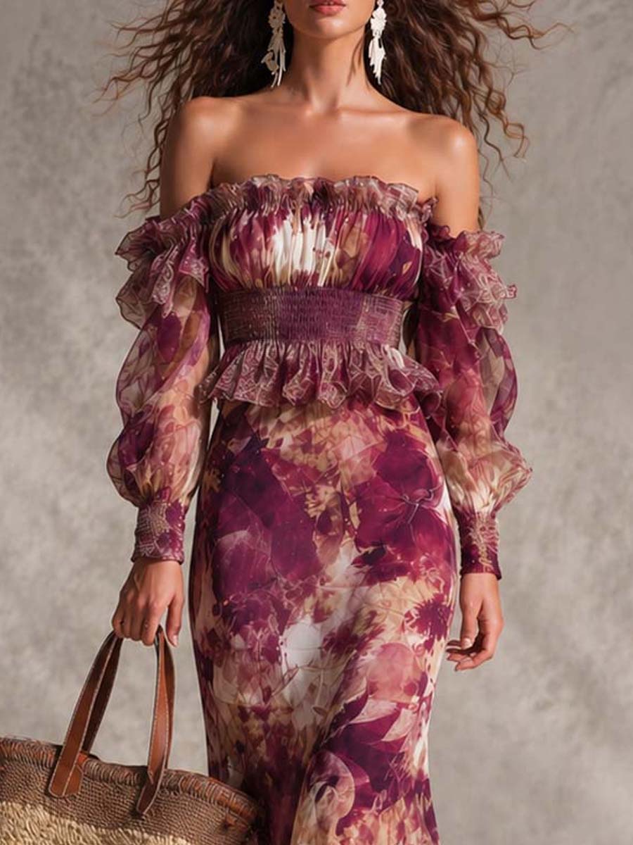Sofía | Vestido largo de muselina rosa con estampado floral y hombros al descubierto
