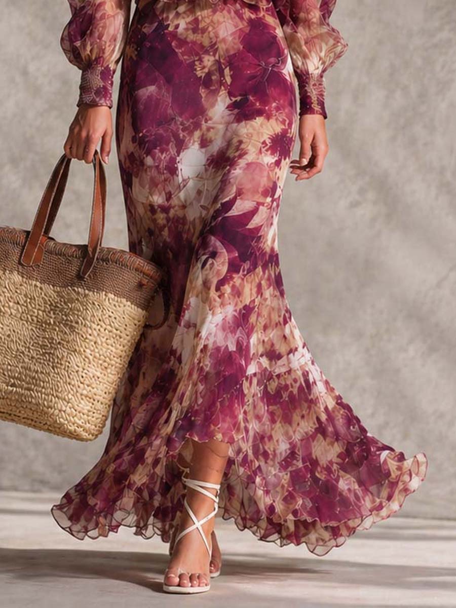 Sofía | Vestido largo de muselina rosa con estampado floral y hombros al descubierto