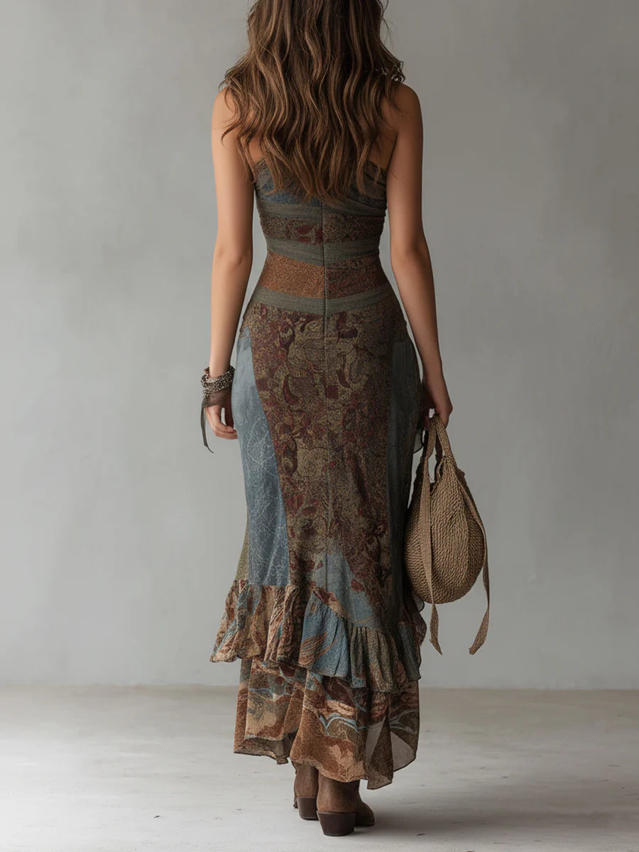 Elena™ | Vestido largo asimétrico con estampado atrevido y abertura con volante