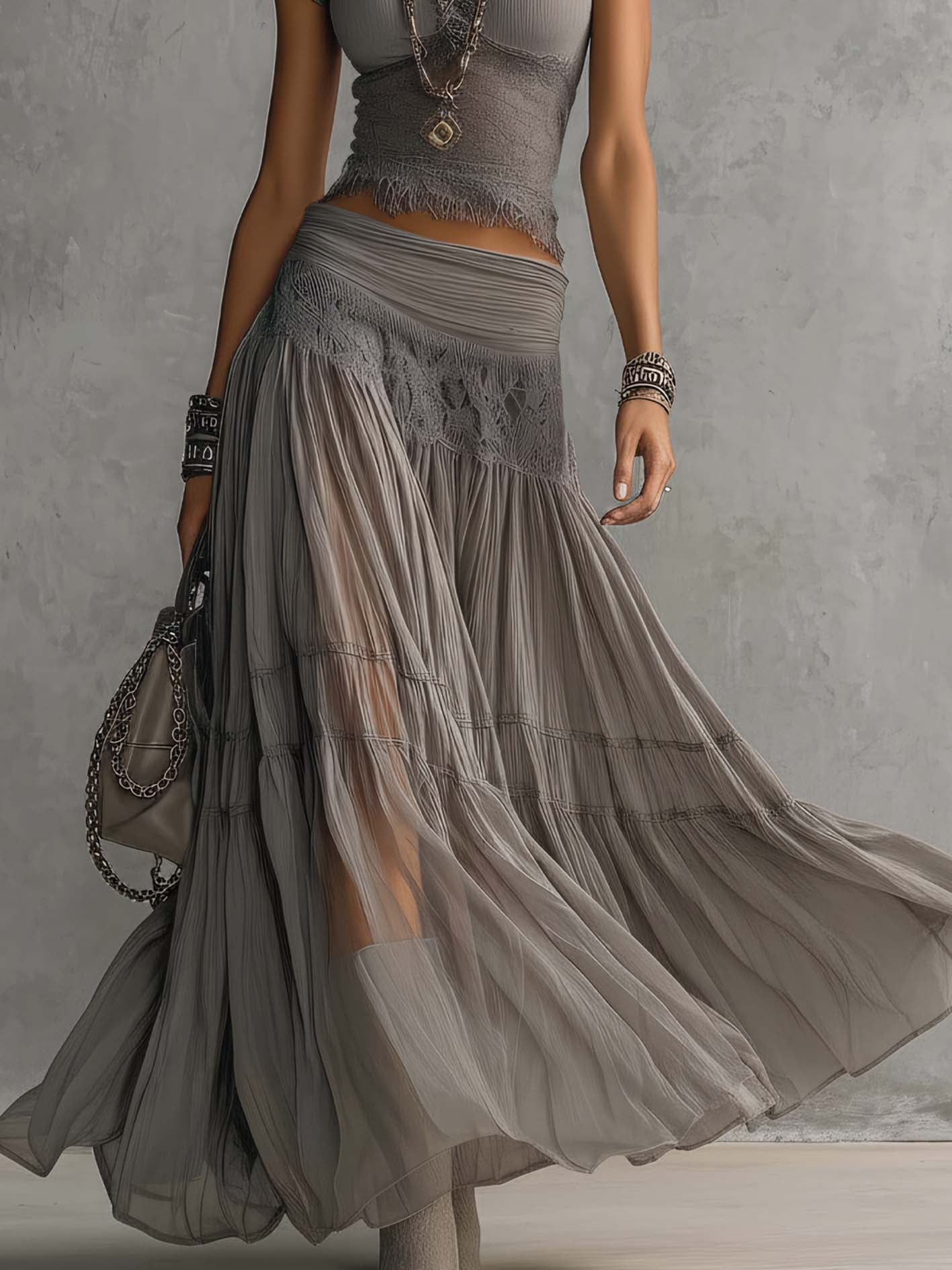 Cristina™ | Conjunto de top gris con detalles de encaje y falda larga plisada