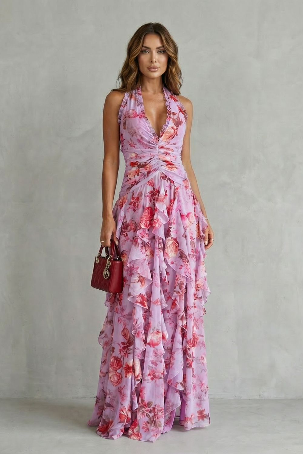 Belladina | Romántica Cascada de Rosas - Vestido Largo con Escote Halter