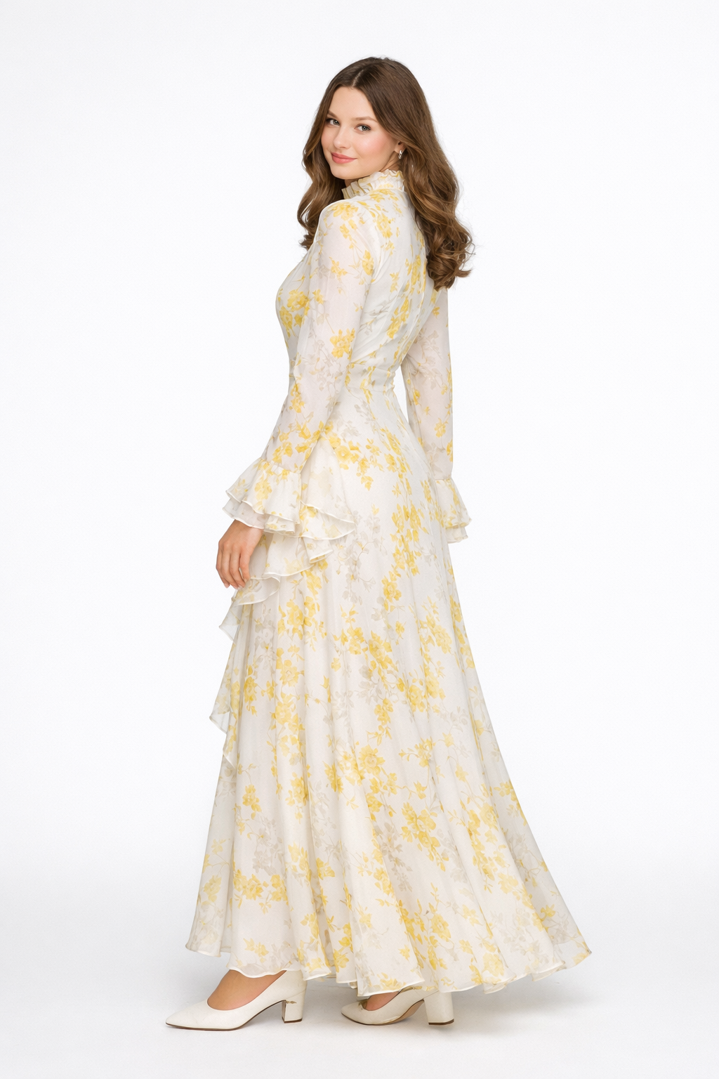 Elisabeth | Vestido largo asimétrico de muselina beige con cuello vuelto y estampado de pintura al óleo
