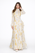 Elisabeth | Vestido largo asimétrico de muselina beige con cuello vuelto y estampado de pintura al óleo