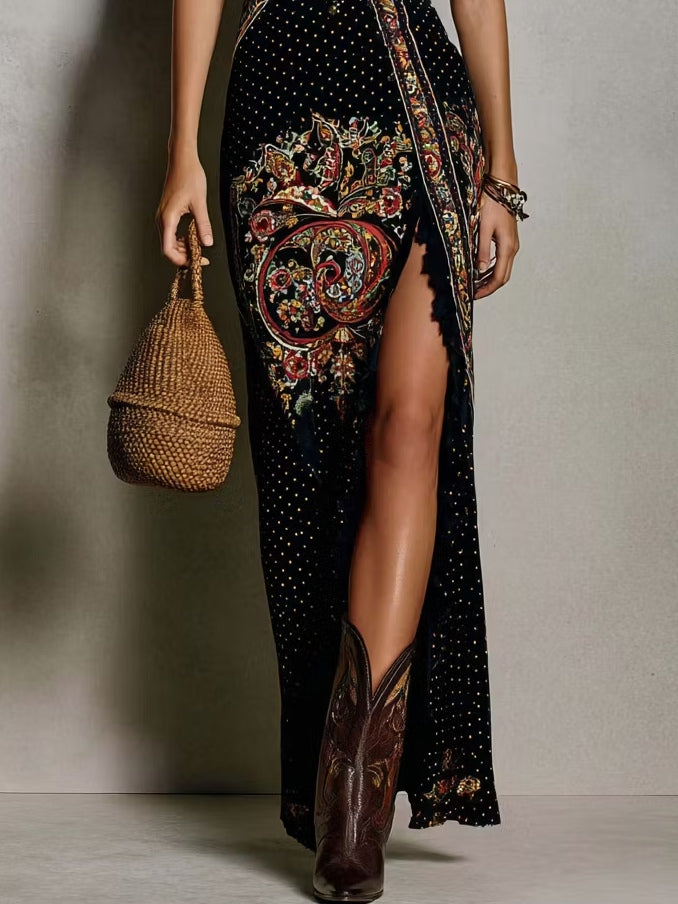 Victoria | Vestido estampado estilo bohemio con escote pronunciado y abertura alta