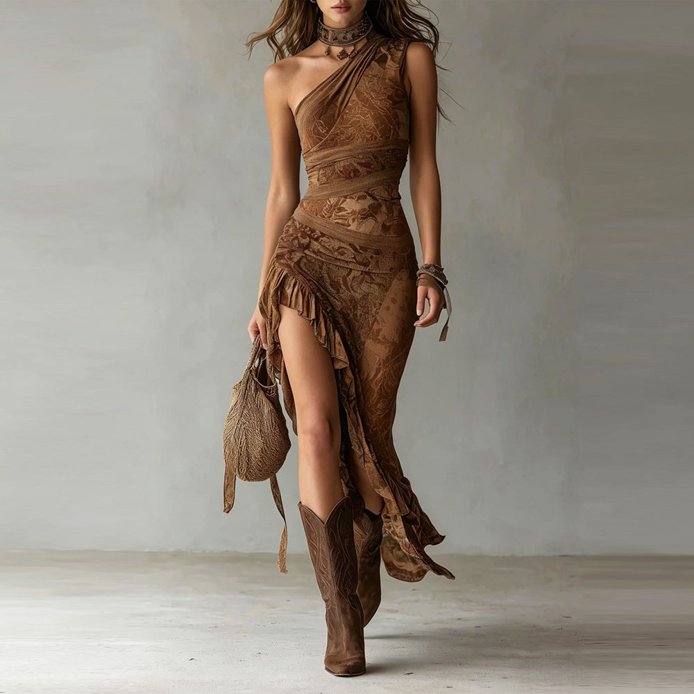 Elena™ | Vestido largo asimétrico con estampado atrevido y abertura con volante
