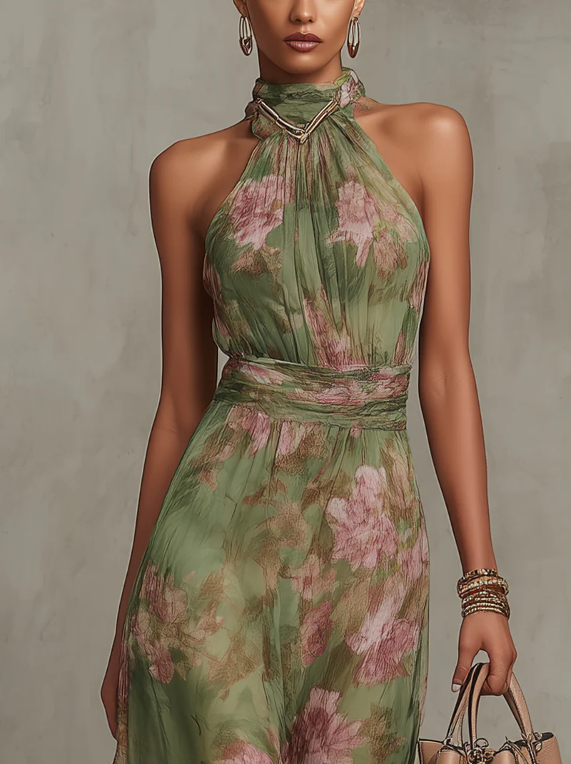 Livia | Vestido Largo Halter Floral Elegante