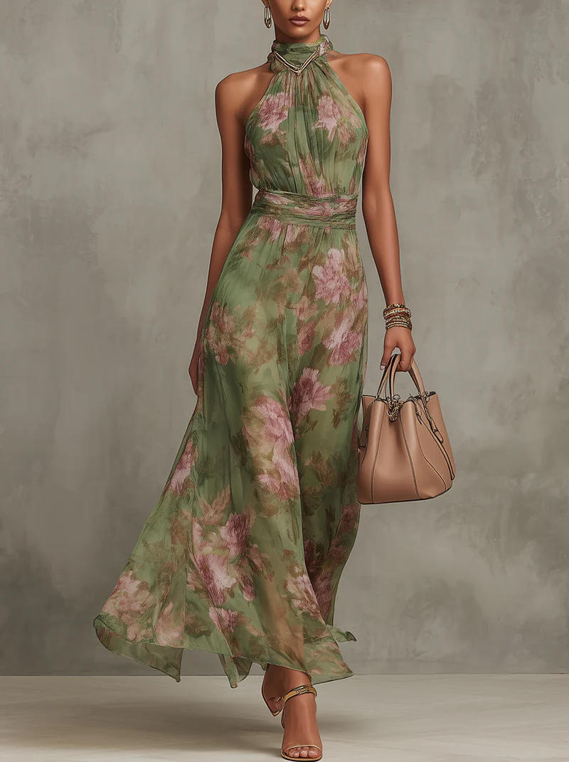 Livia | Vestido Largo Halter Floral Elegante
