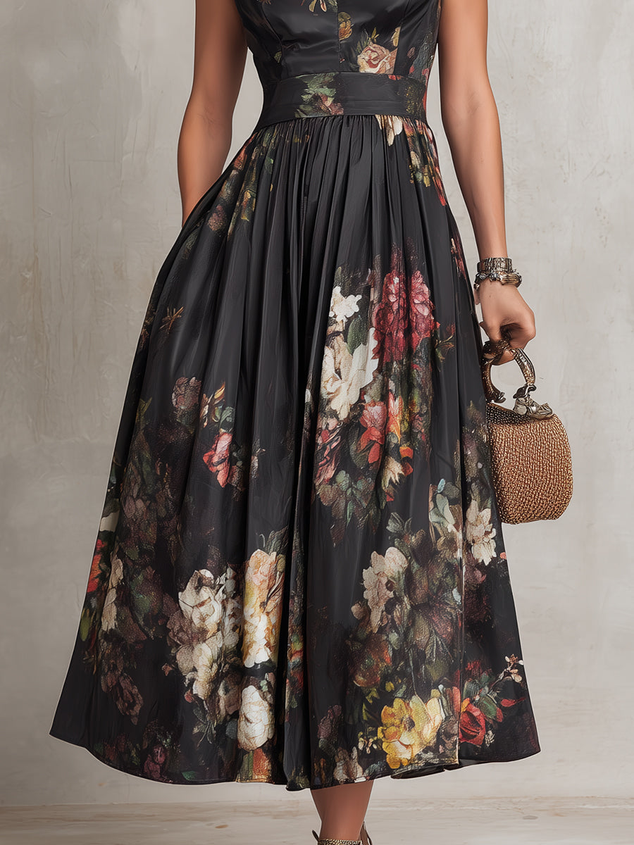 Violeta™ | Vestido midi de satén plisado negro con estampado floral y escote gota