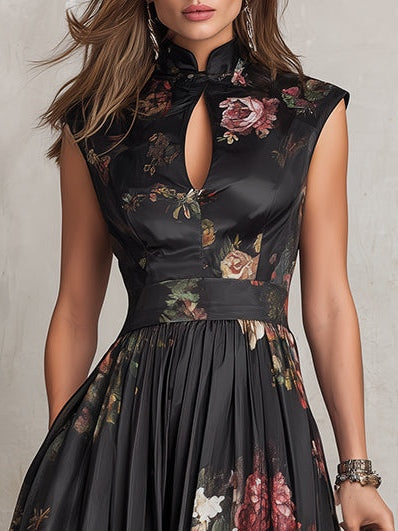 Violeta™ | Vestido midi de satén plisado negro con estampado floral y escote gota