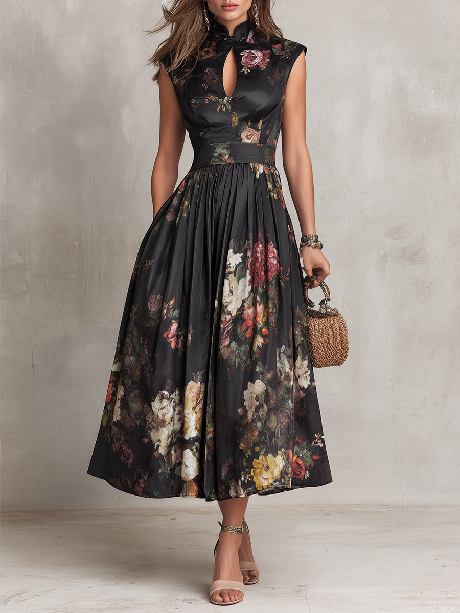 Violeta™ | Vestido midi de satén plisado negro con estampado floral y escote gota