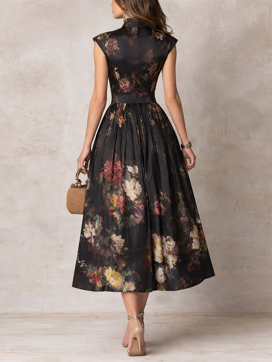 Violeta™ | Vestido midi de satén plisado negro con estampado floral y escote gota