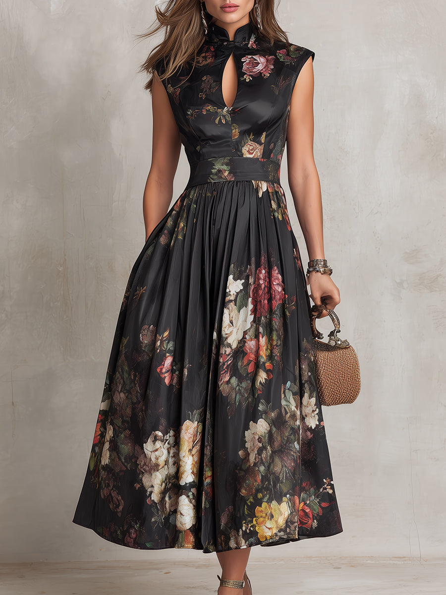 Violeta™ | Vestido midi de satén plisado negro con estampado floral y escote gota