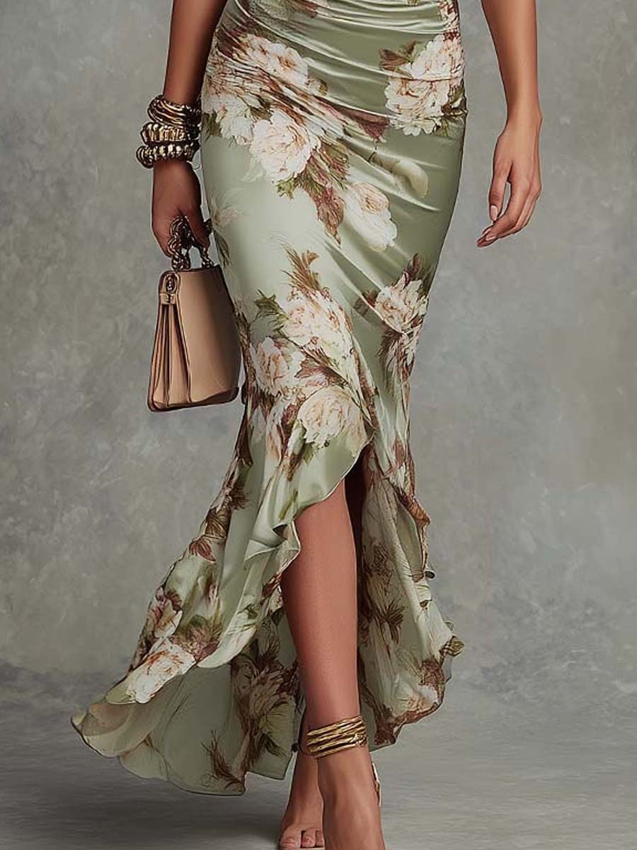 Ana™ | Vestido largo asimétrico de satén verde con escote en V, mangas abullonadas y estampado floral