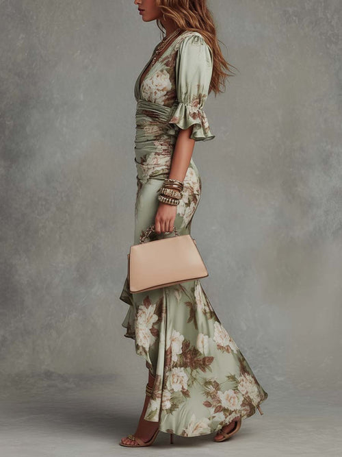 Ana™ | Vestido largo asimétrico de satén verde con escote en V, mangas abullonadas y estampado floral