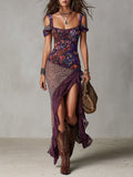 Lya | Vestido largo violeta estilo nómada urbano con estampado de leopardo, flores y abertura alta