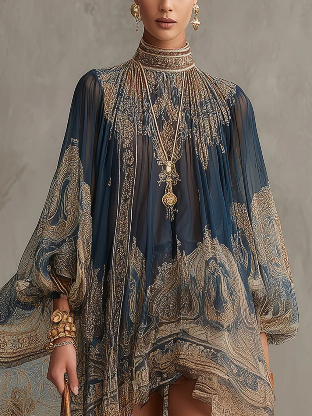 Agatha | Vestido corto asimétrico de muselina azul marino con cuello alto y estampado barroco