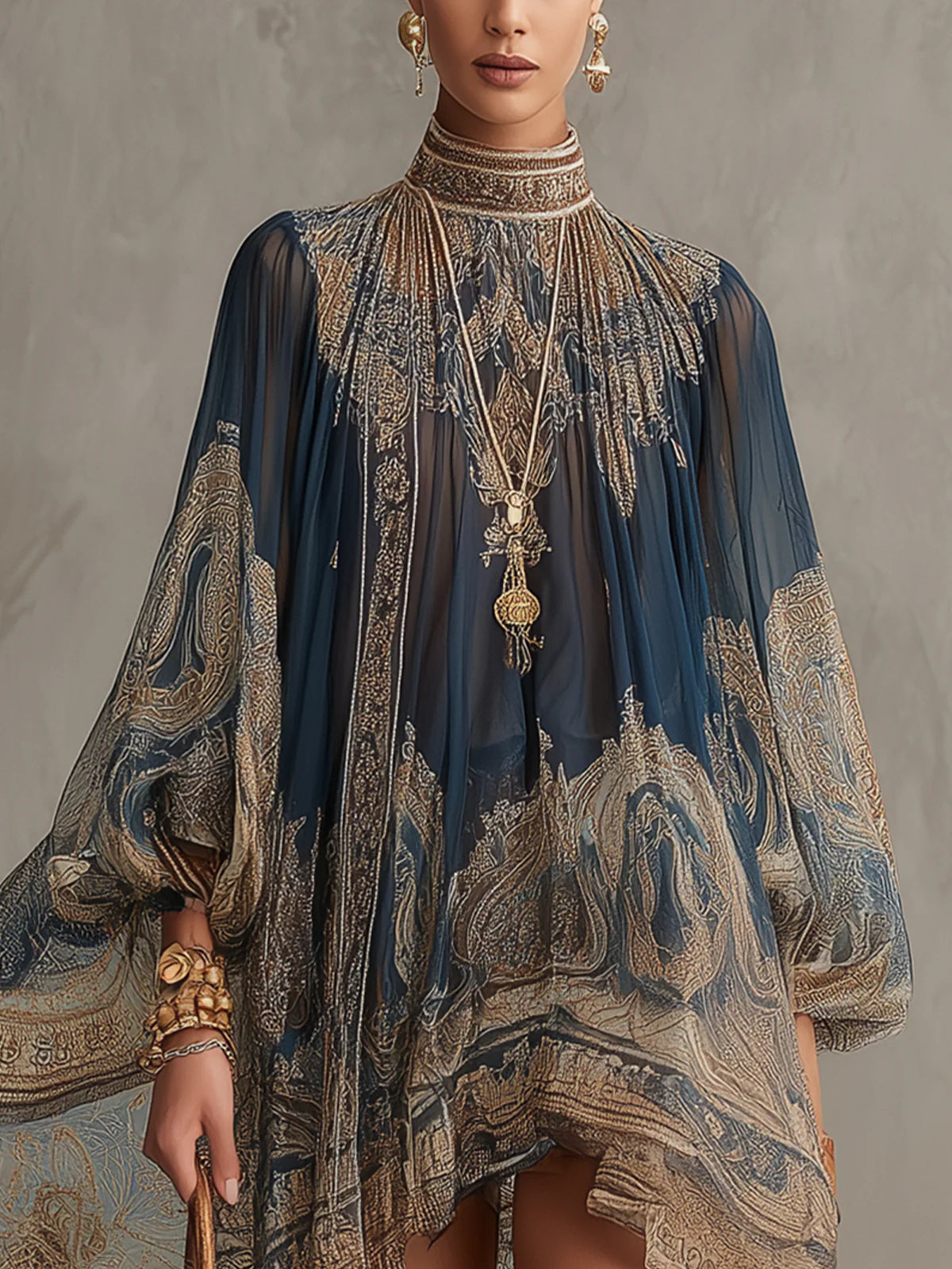 Agatha | Vestido corto asimétrico de muselina azul marino con cuello alto y estampado barroco