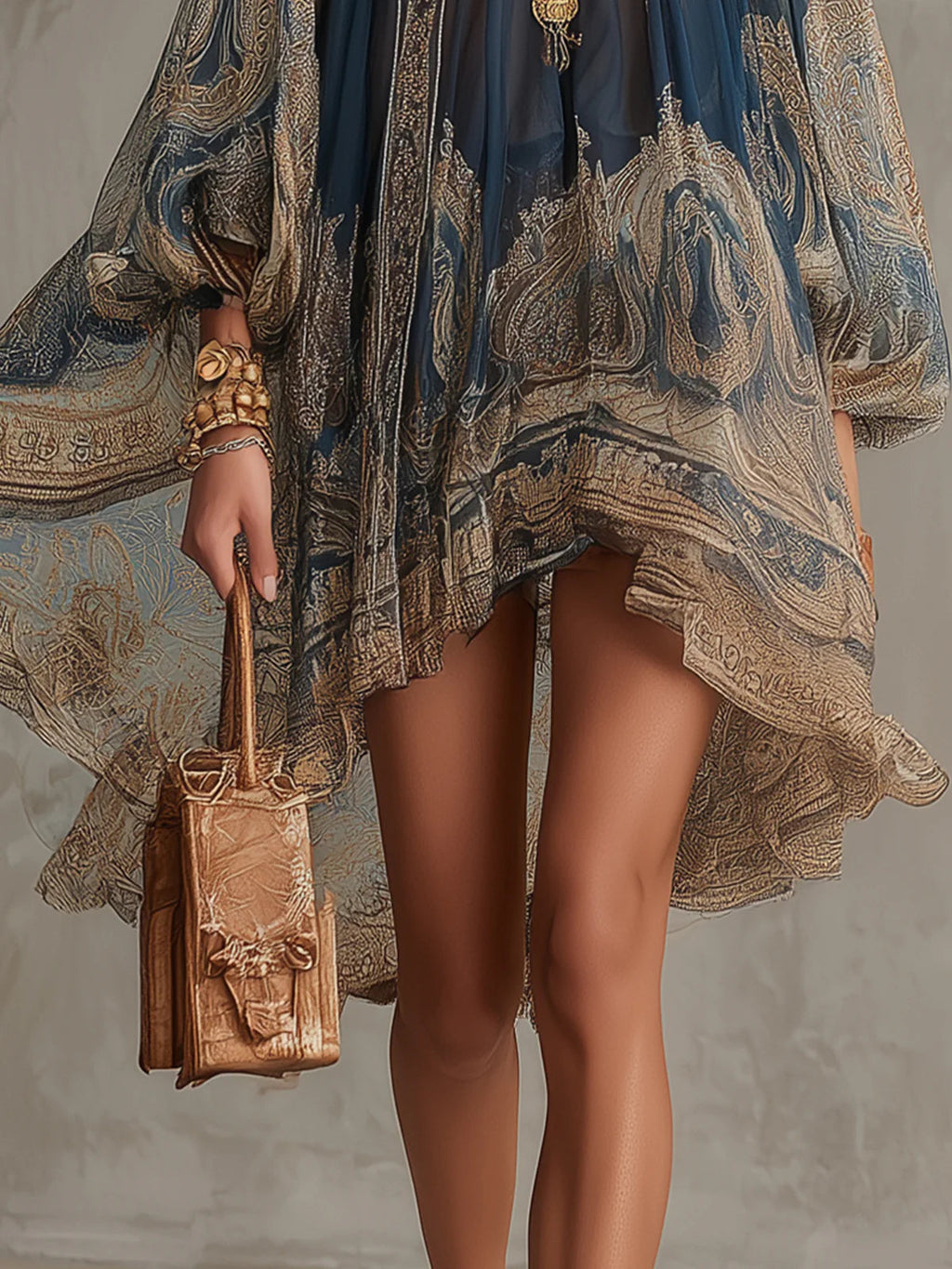 Agatha | Vestido corto asimétrico de muselina azul marino con cuello alto y estampado barroco