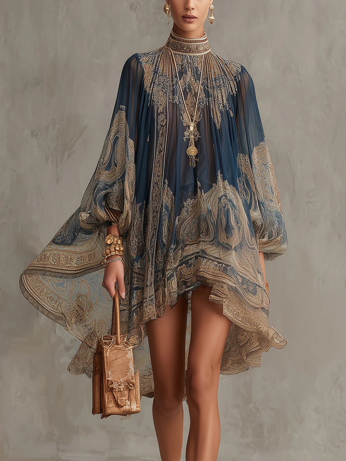 Agatha | Vestido corto asimétrico de muselina azul marino con cuello alto y estampado barroco