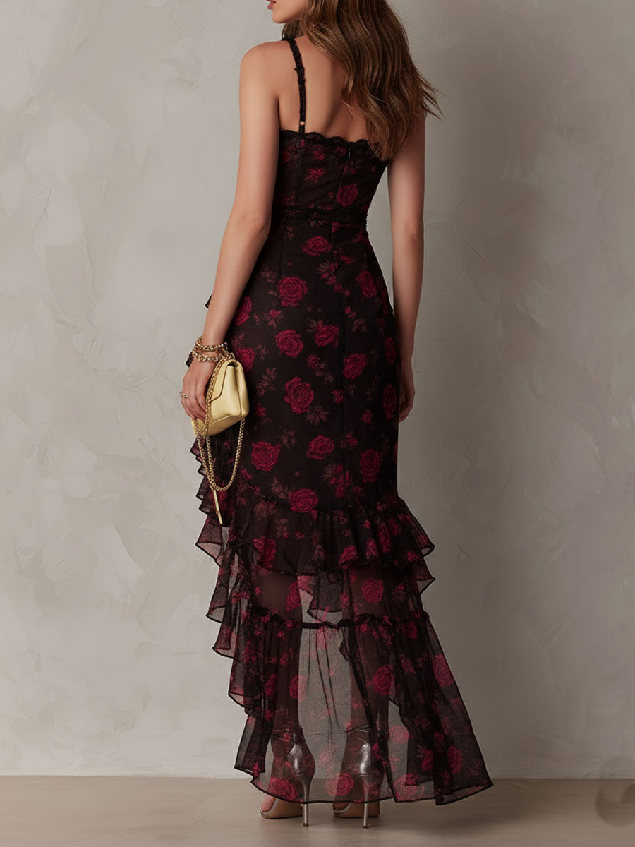 Edith | Vestido corto drapeado negro y rojo con flores y bajo con volantes