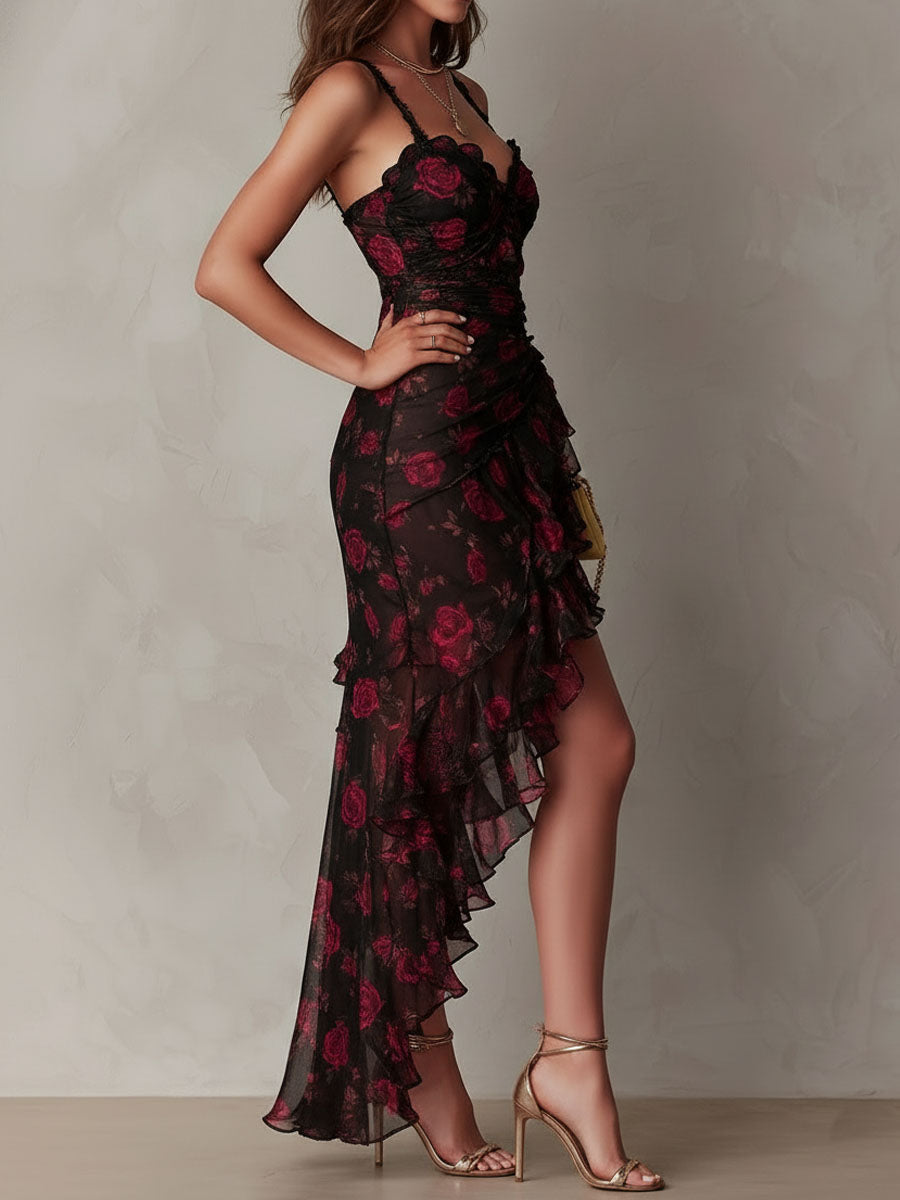 Edith | Vestido corto drapeado negro y rojo con flores y bajo con volantes
