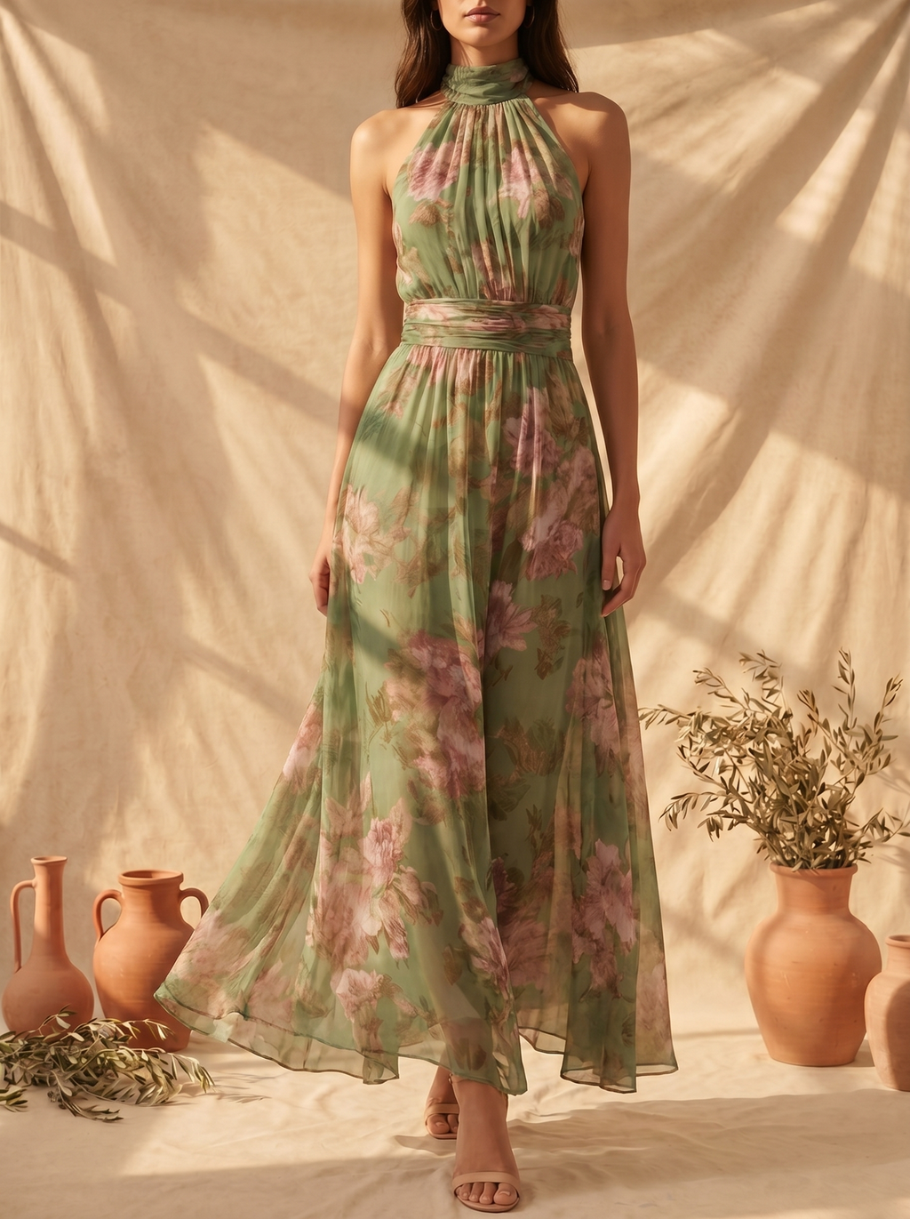 Livia | Vestido Largo Halter Floral Elegante