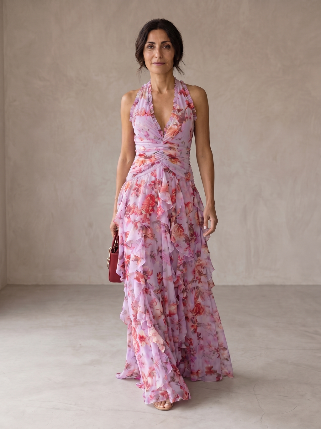 Belladina | Romántica Cascada de Rosas - Vestido Largo con Escote Halter