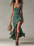 Zara™ | Vestido largo bohemio fruncido con estampado floral y abertura lateral