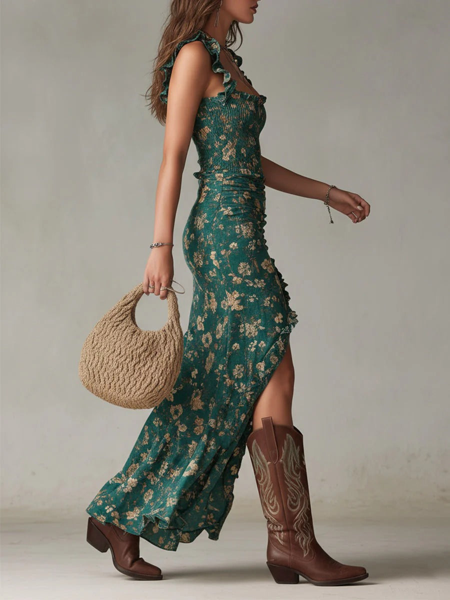 Zara™ | Vestido largo bohemio fruncido con estampado floral y abertura lateral