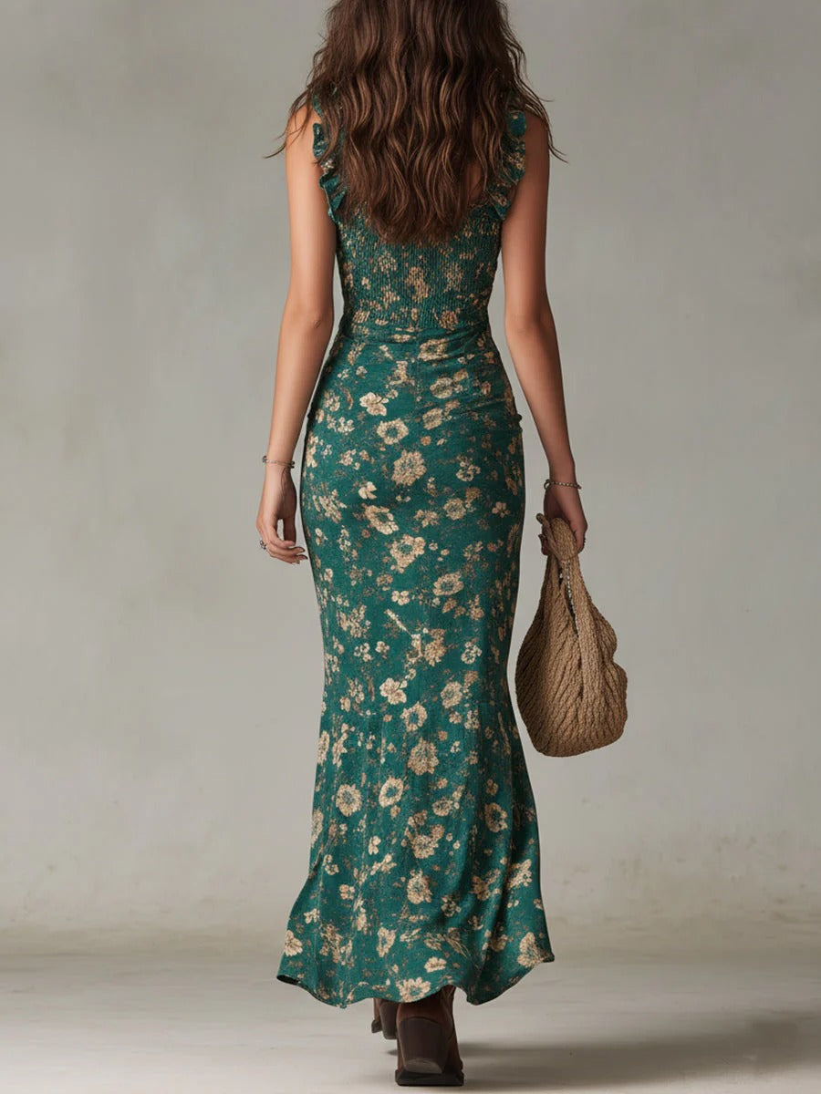 Zara™ | Vestido largo bohemio fruncido con estampado floral y abertura lateral